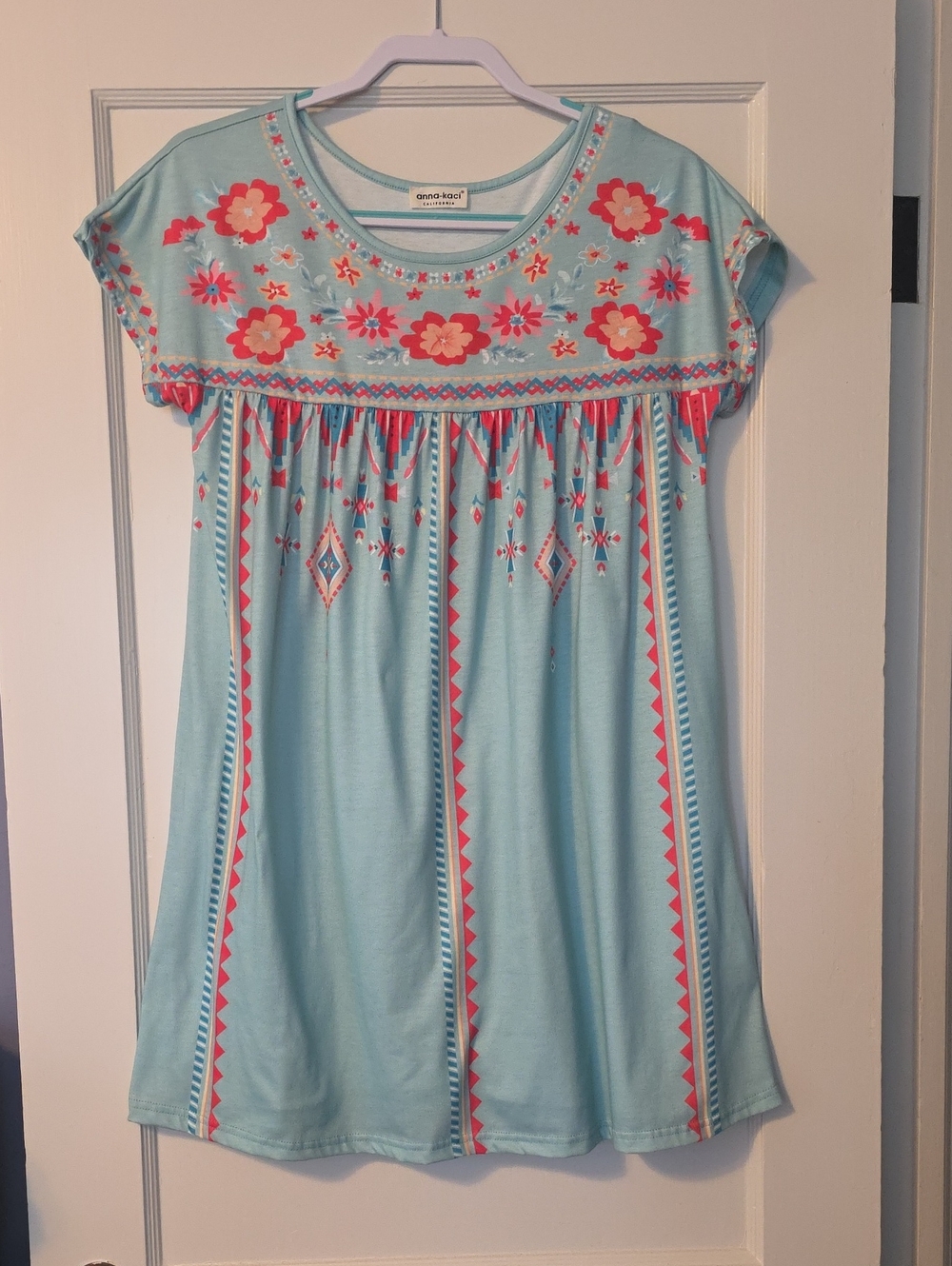 Light Blue Mini Dress with Coral Floral Embroidery